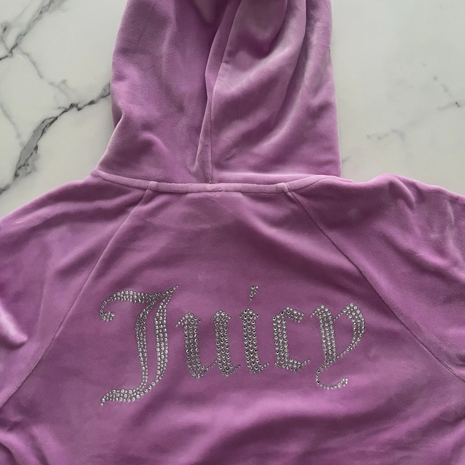 Juicy Couture Cropped Hoodie Big Bling Velour Pink Jacket Sz Small Y2K Grunge - Image 6