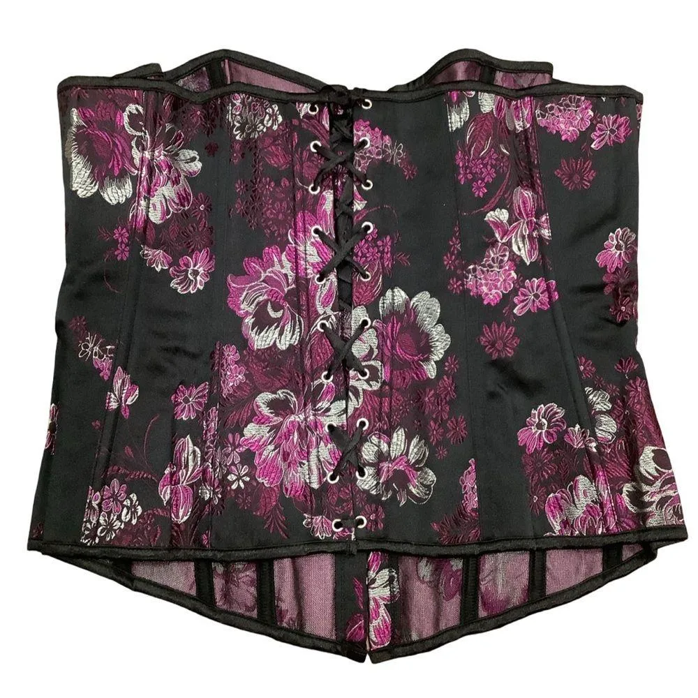 Floral Size XL Vintage Corset Black/Purple Corset W/ Front Clasp & Satin Tie. Black - Image 2