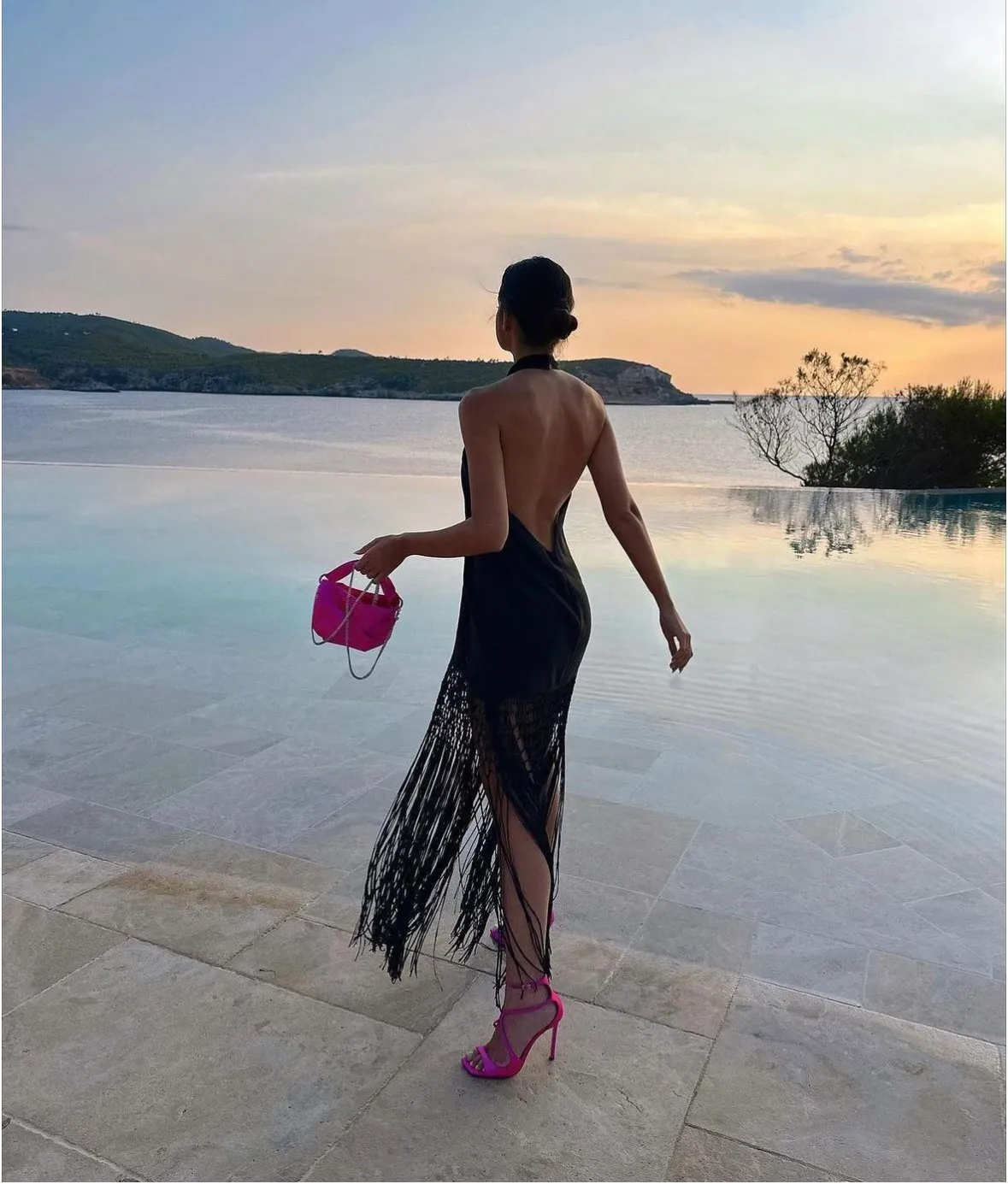 dress midi black halter neck linen fringed fringes boho - Image 5