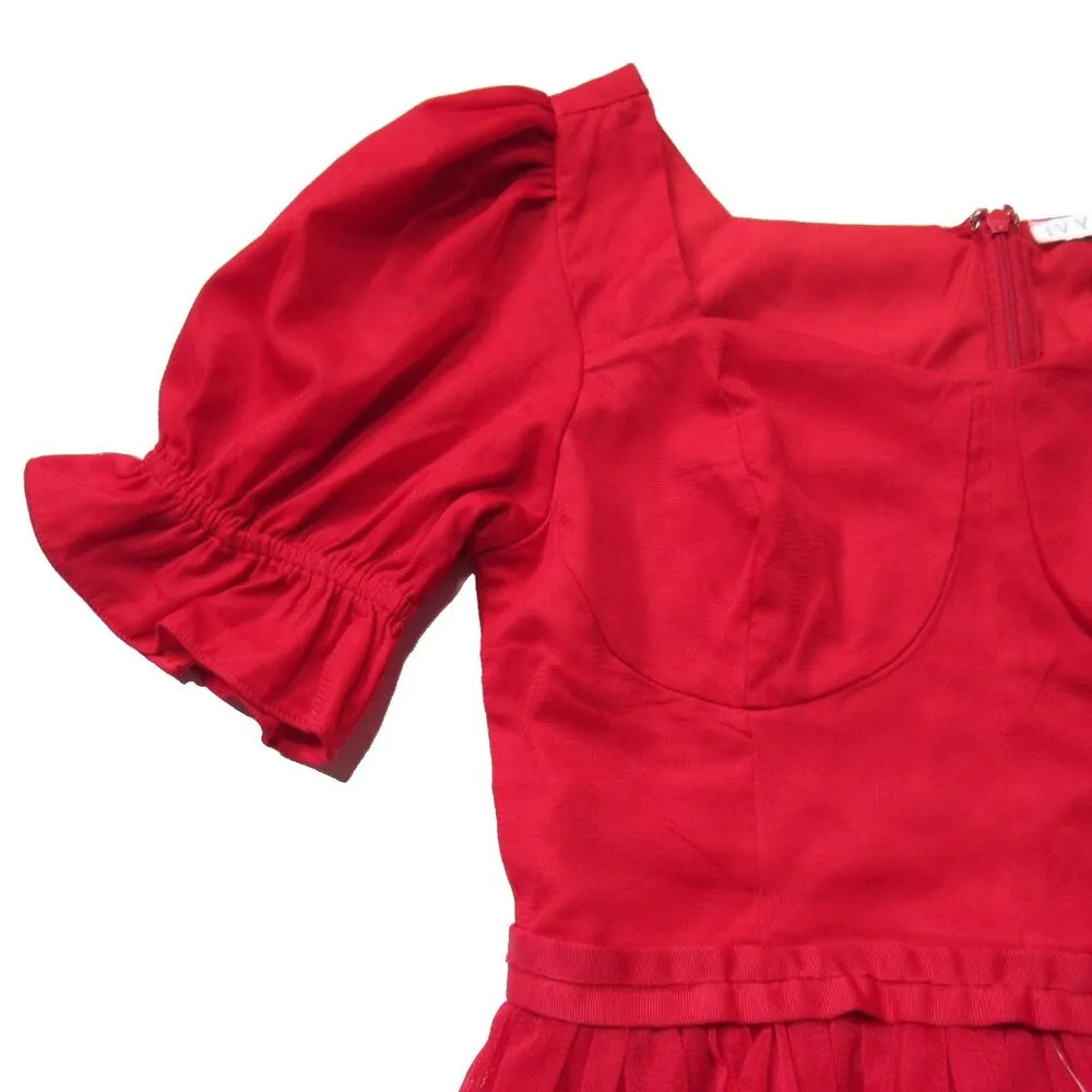 NWT Ivy City Co. Ballerina Midi in Red Tulle Puff Sleeve Fit & Flare Dress M Size M - Image 3