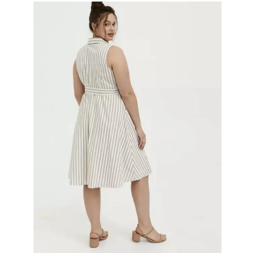 Torrid Taupe White Stripe Poplin Sleeveless Button Shirt Dress‎ Size 1X Pockets - Image 4