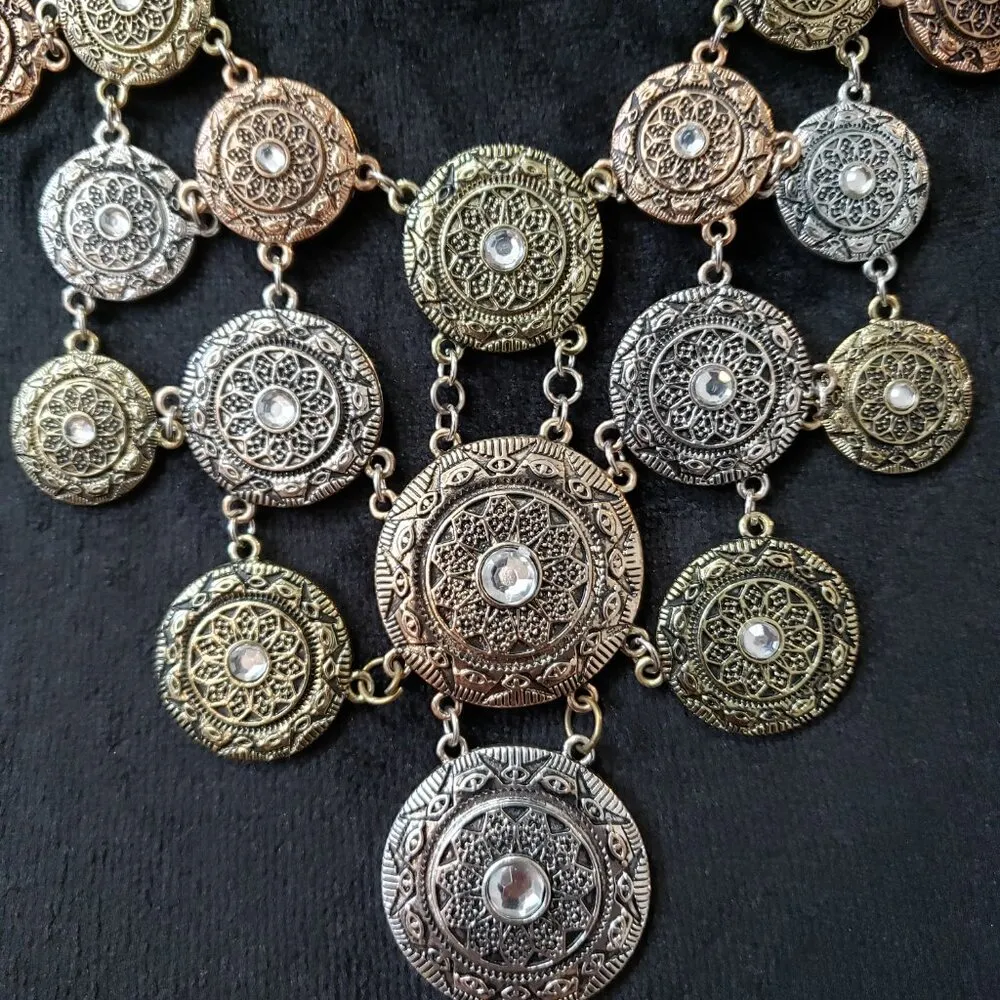 Womens Silver Gold Medallion Pendant Rhinestone Copper Tone Bib Necklace - Image 3