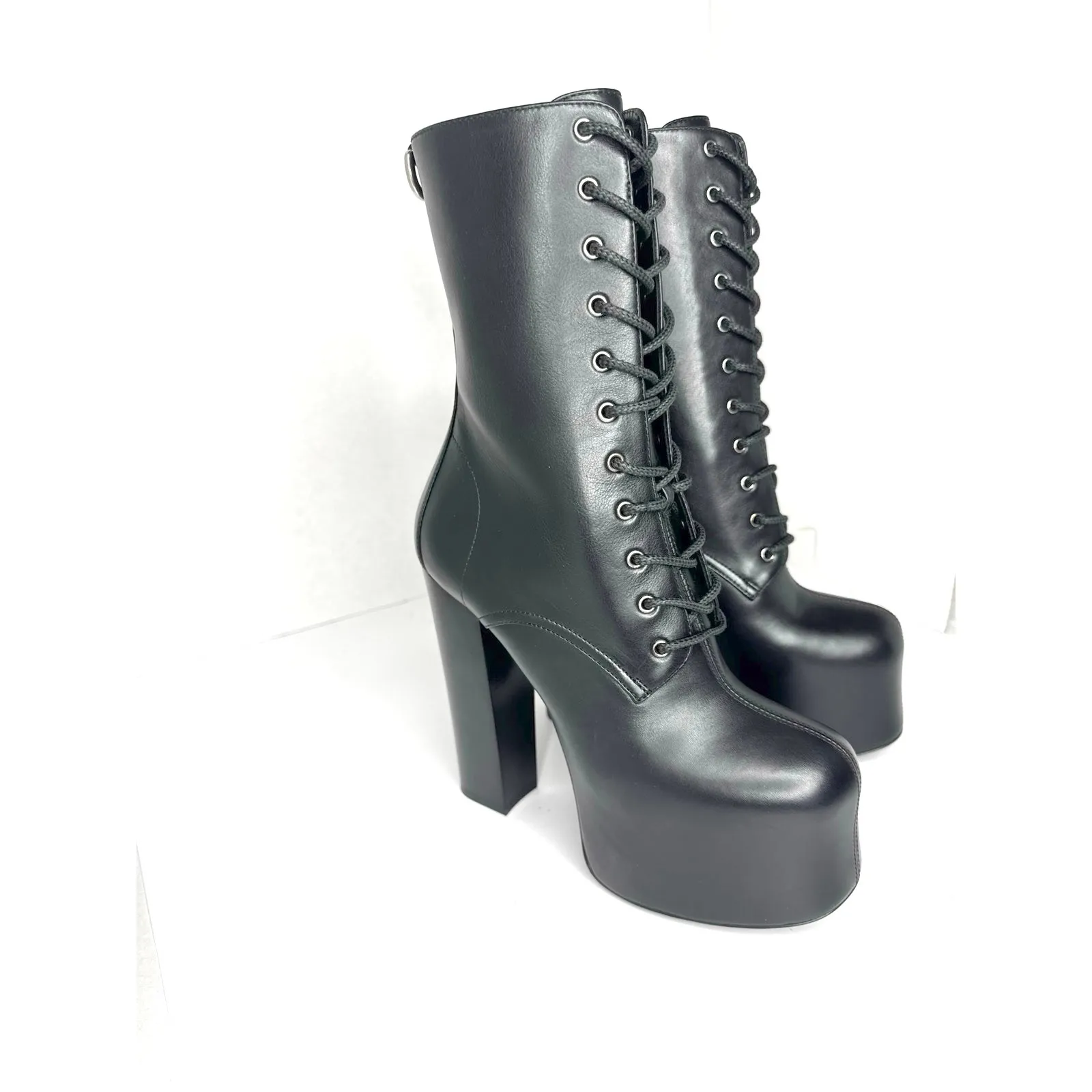 Saint Laurent Black Cherry Leather Platform Ankle Boots lace-up Designer EU 36.5 - Image 11