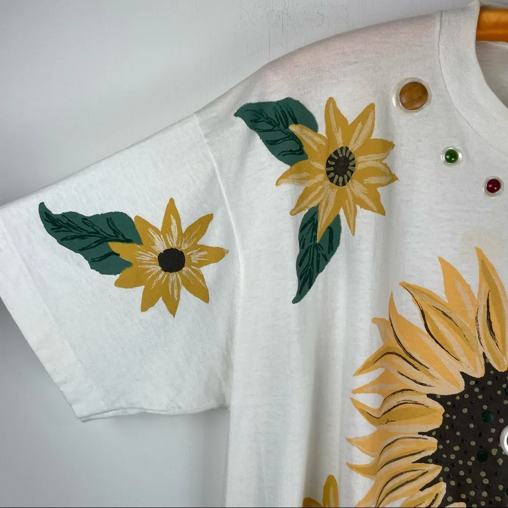 Vintage Brush Works Art to Wear Sunflower Hand Painted Tshirt Single Stitch Boho White Size XL - Image 5