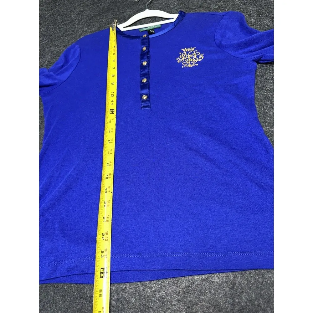 LAUREN RALPH LAUREN WOMENS KNIT BEADED LOGO 3/4 SLEEVE BLOUSE TOP BLUE SZ LARGE - Image 5