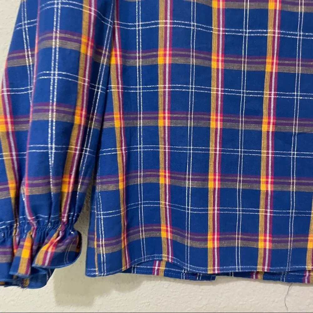 Vintage Blue & Orange Plaid Ruffled Asymmetrical Button Up Blouse Womens S 70s - Image 7
