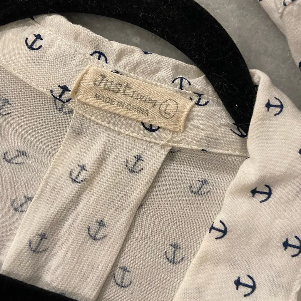 Just Living Size L Navy Blue Anchor Print Rayon Long Sleeve Button Down Shirt - Image 12