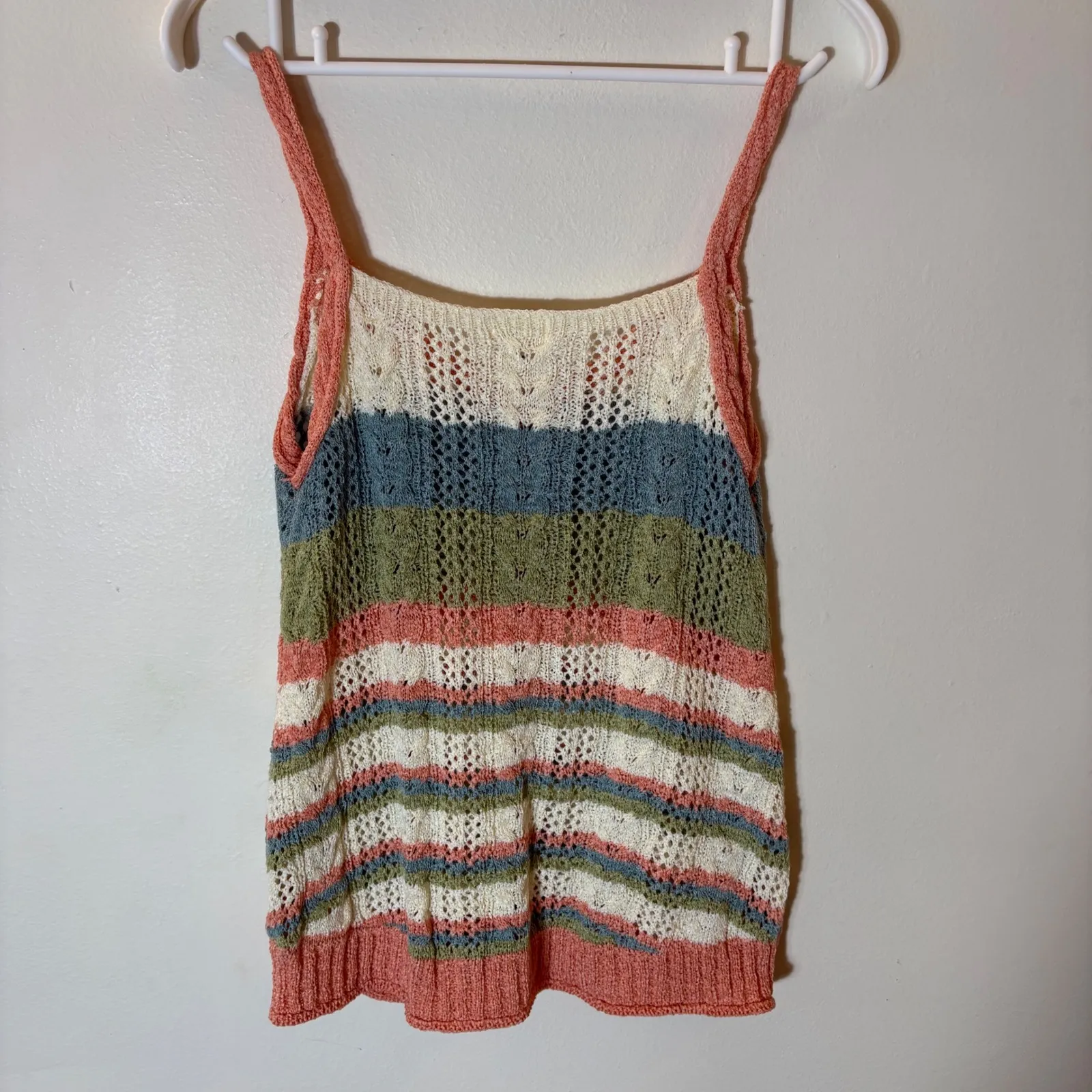 POL Striped Knit V-Neck Tank Top Medium Coral Blue Green Cream Crochet - Image 7