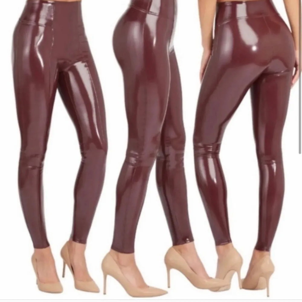 SPANX Shape Faux Leather Patent Leggings Size Medium Petite Ruby Burgundy Shiny - Image 2
