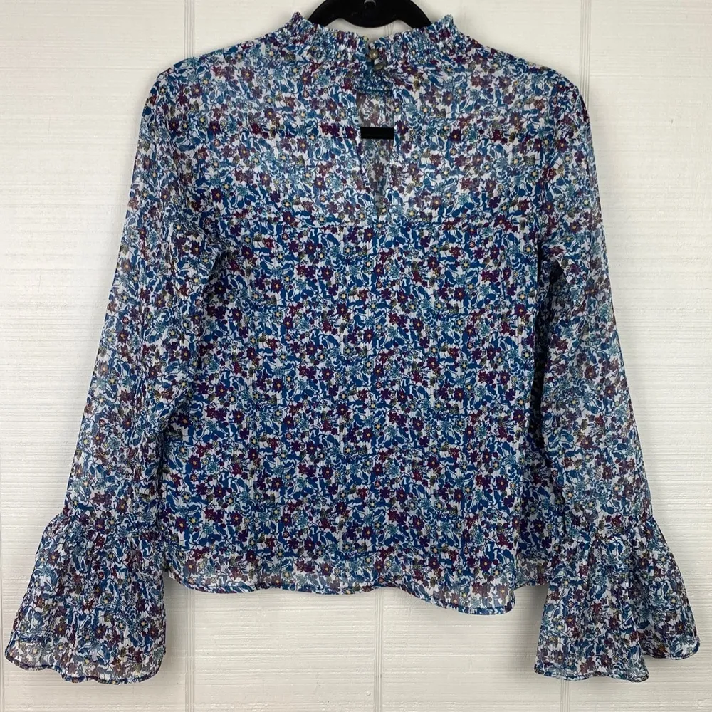 Xhilaration Blue Purple Floral Long Bell Sleeves Sheer Turtleneck Blouse Top S - Image 3