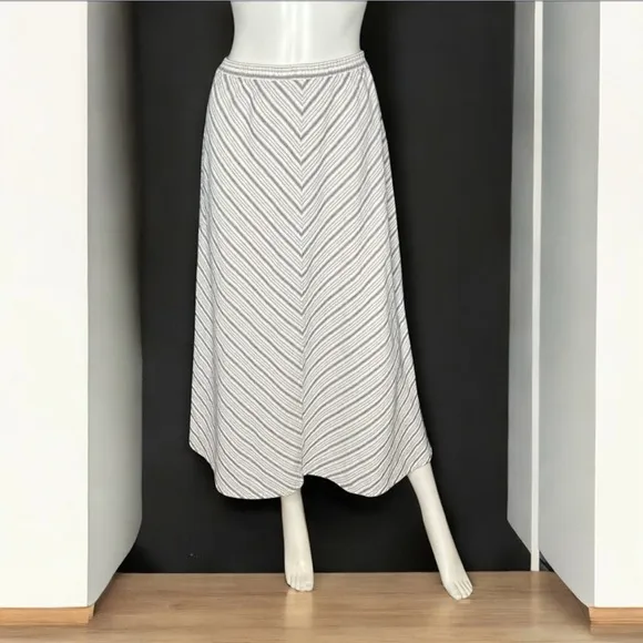 For Cynthia Blue White Linen Blend Striped Maxi Skirt Boho Beach Elastic Waist L - Image 2