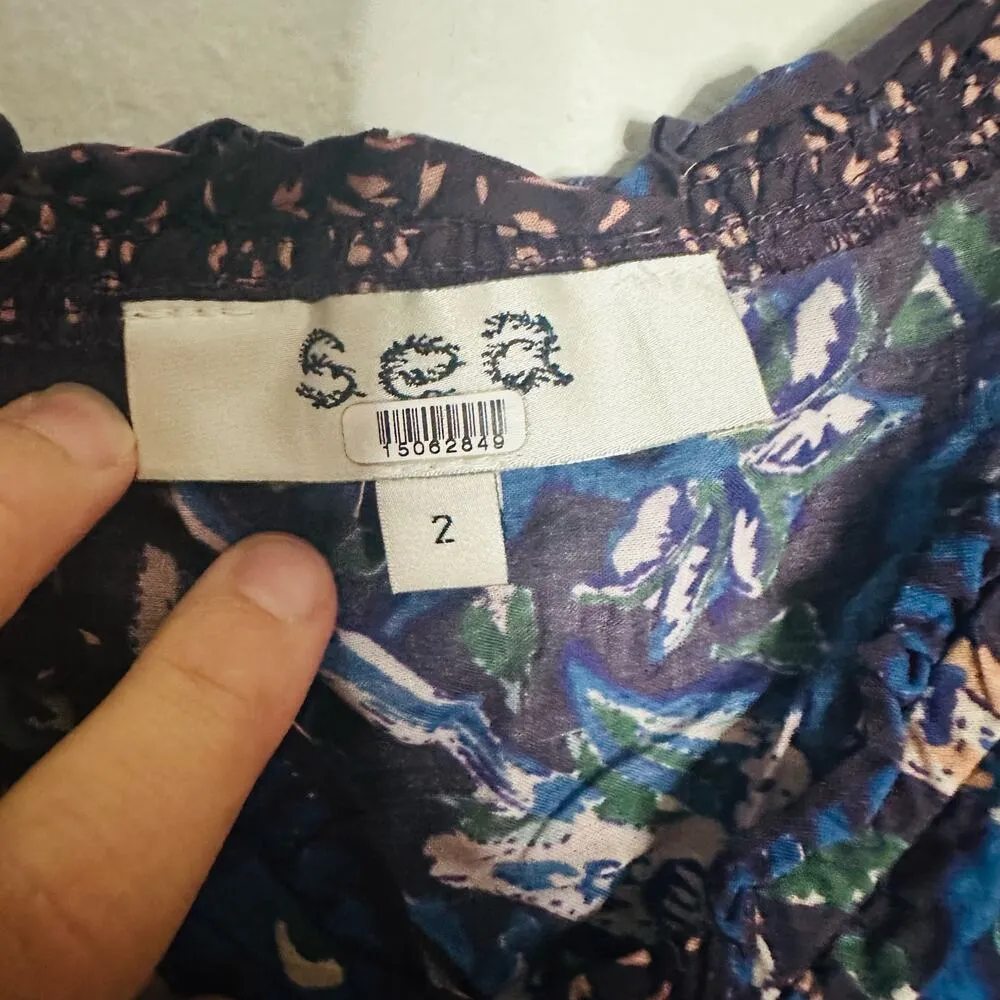 SEA NEW YORK Navy Pink Noah Smocked Long Sleeve Midi Dress Size 2 Blue - Image 12