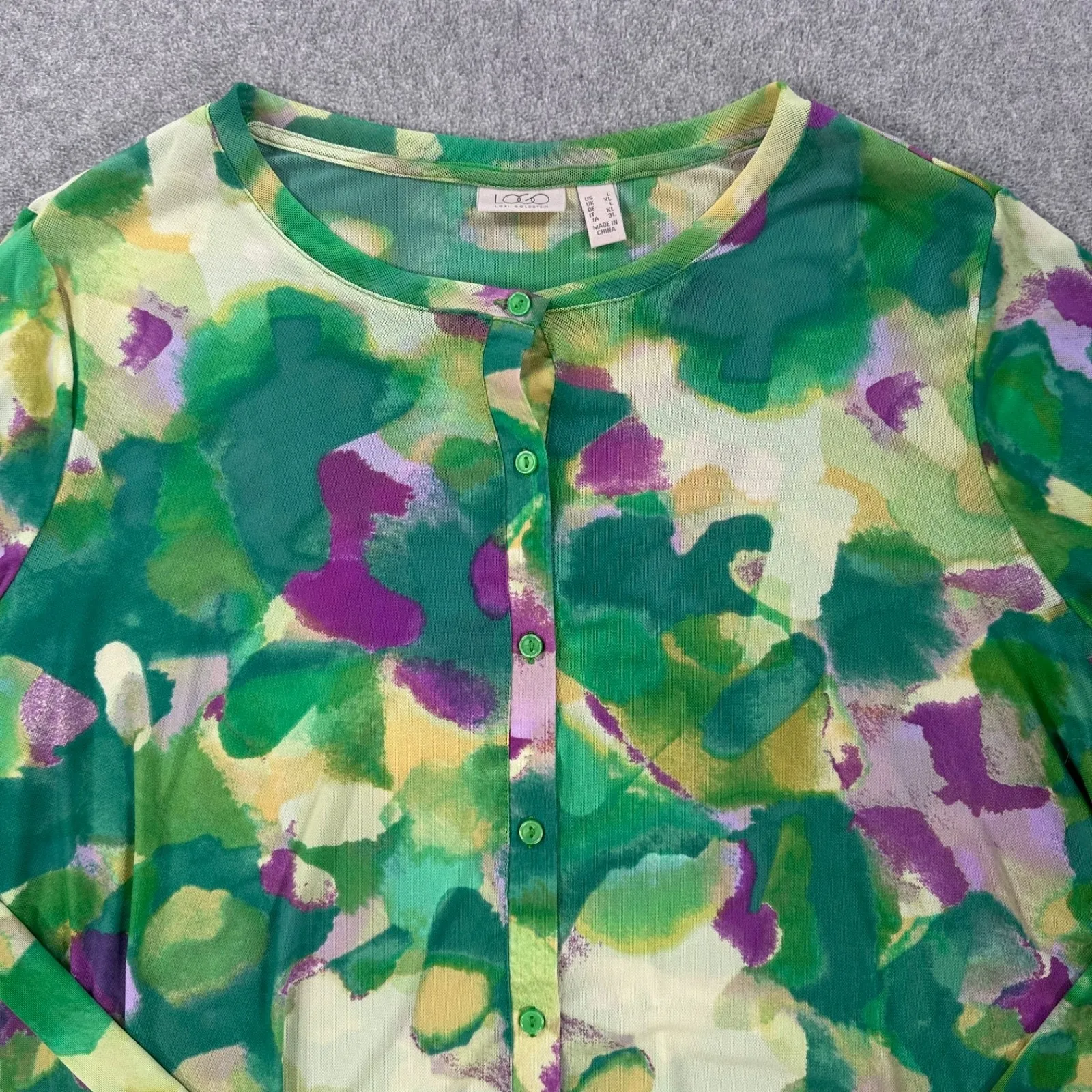 LOGO Layers by Lori Goldstein Watercolor Printed Mesh Cardigan Size Large Green - Image 3