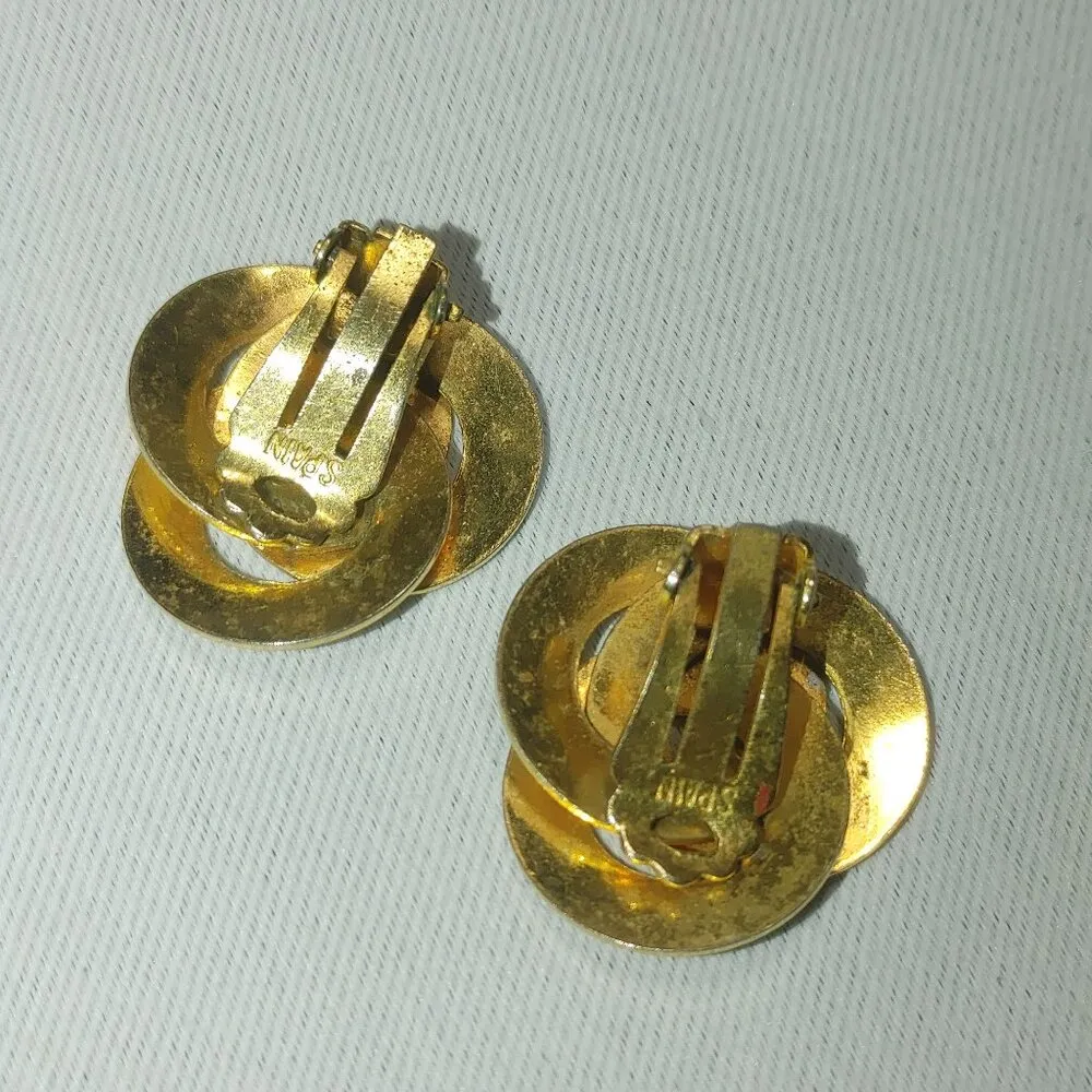 Damascene Spain Love Knot Vintage Gold Tone Ornate Clip On Earrings Etched - Image 5