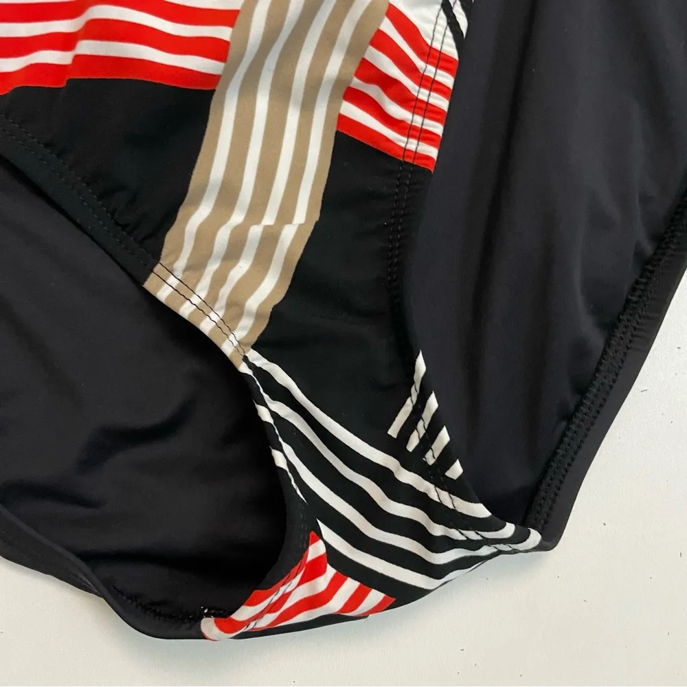 La Blanca Swimsuit One Piece Bustier Style Padded Ruching Geometric Black Red - Image 4