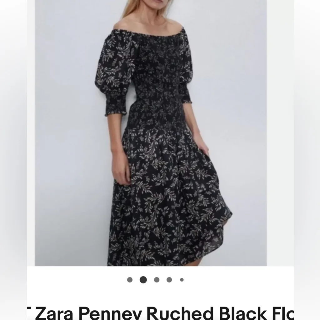 Zara Penney Rouched black floral off the shoulder   Midi dress size Medium - Image 8