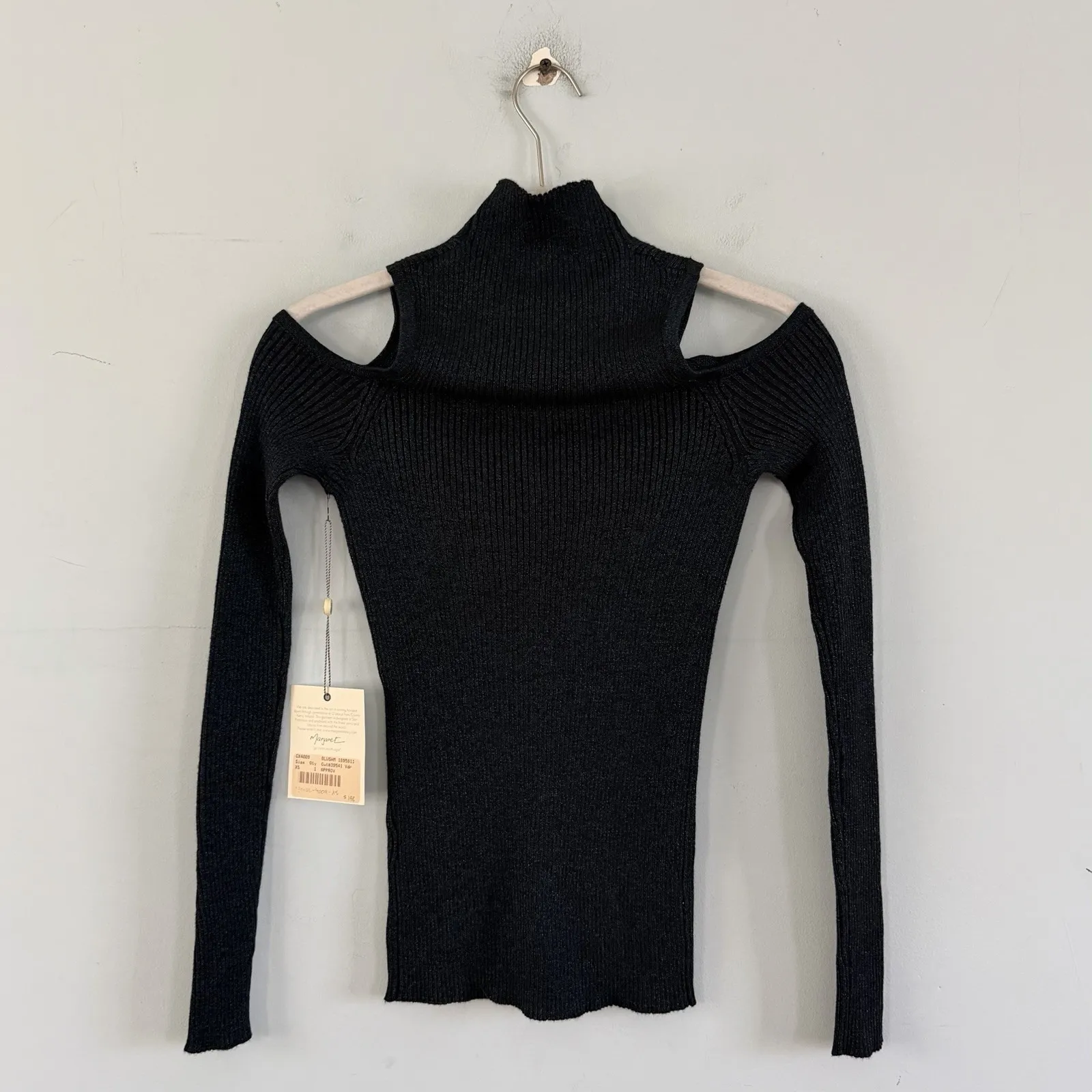 NWT Margaret O'Leary Cold Shoulder Ribbed Blue Metallic Sweater - Image 3