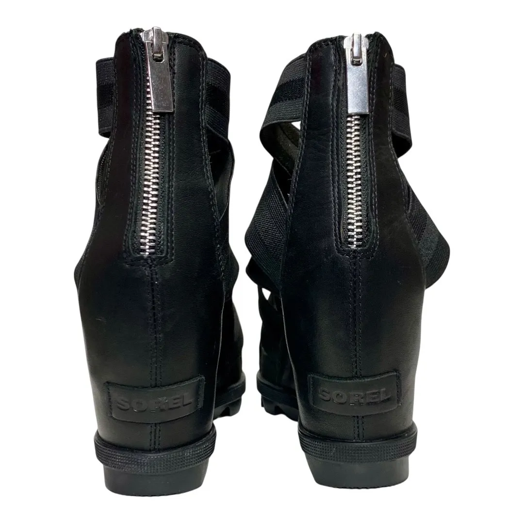 Sorel Joanie II Black Platform Wedge Sandals Sz 9 Elastic Strap Leather - Image 5