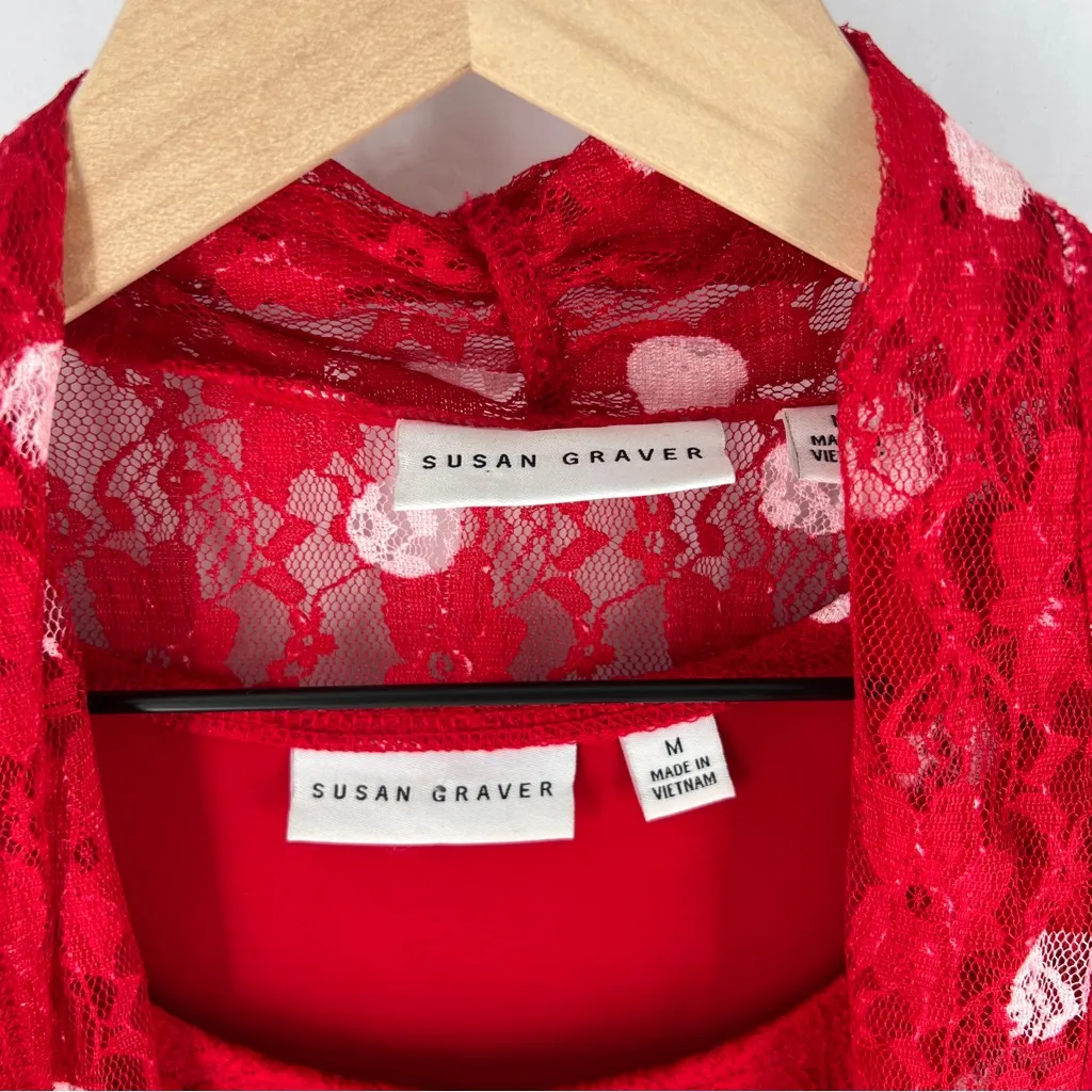 Susan Graver Red Lace White Polka Dot Scoop Neck Tank Sheer Open Cardigan Set - Image 2