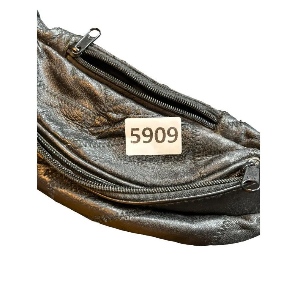 Vintage Black Leather Fanny Pack With Adjustable Strap & Multiple Zippered Pocke Black - Image 2