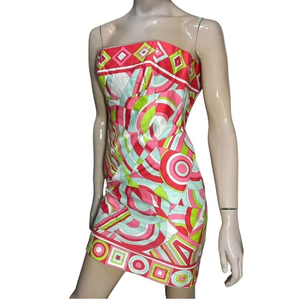Melly M Women’s 0 White Pink Blue Green Abstract Geometric Print Strapless Dress - Image 2