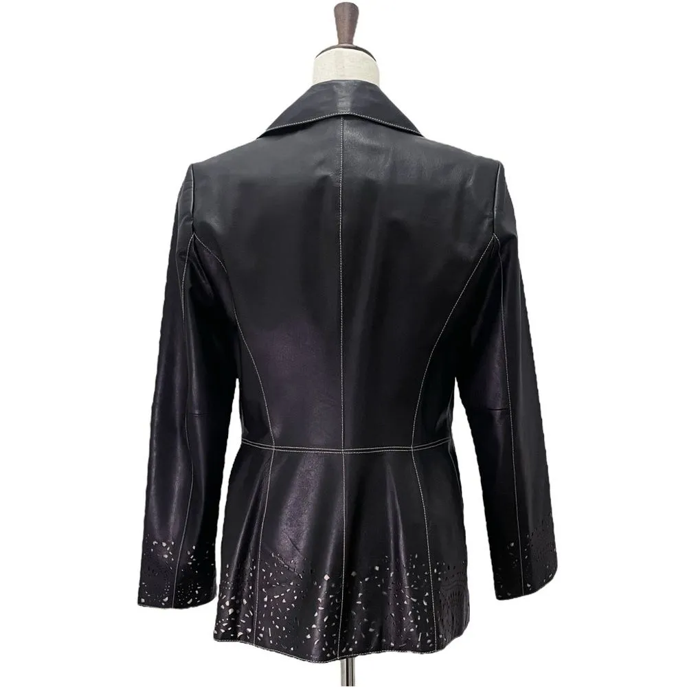 Vintage Classiques Entier Black Leather 3-Button Blazer Lasercut Trim Sz 10 Y2K - Image 7
