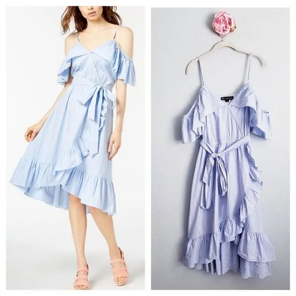 Jill Stuart Blue and White Striped Cold Shoulder Ruffle Trim Dress - Image 2