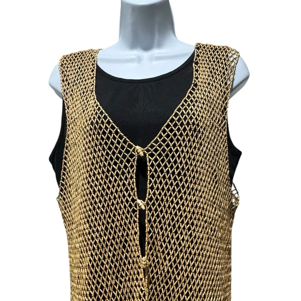 Tommy Bahama Black Silk Maxi Dress M w/ Wood Beaded Overlay Vest - Image 2