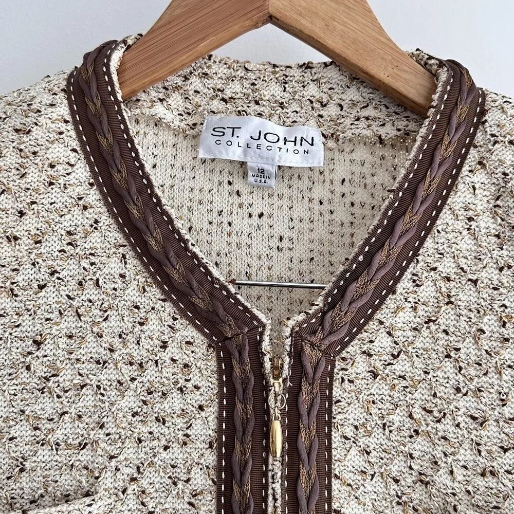 St John Jacket Womens 12 Brown Tweed Pattern Knit Zip Front Braided Trim Elegant - Image 8