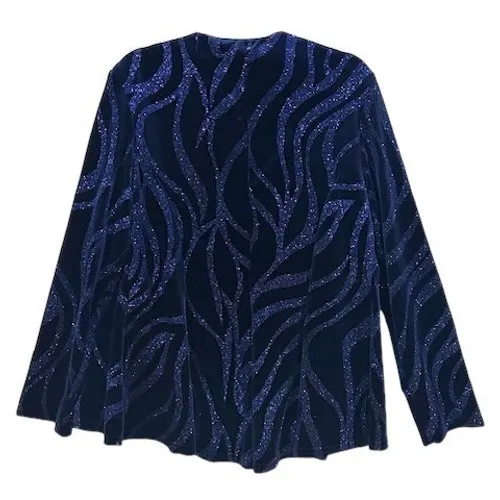 R&M Richards Navy Velvet‎ Glitter Swirl Open Front Jacket 12 Holiday Festive Blue - Image 2