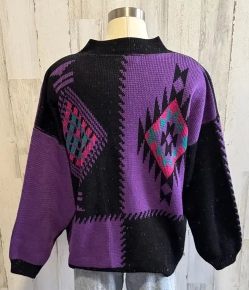 Vintage Southwestern Geometric Sweater One Size Fits Most Aztec 80s 90s Black Size undefined - Image 1