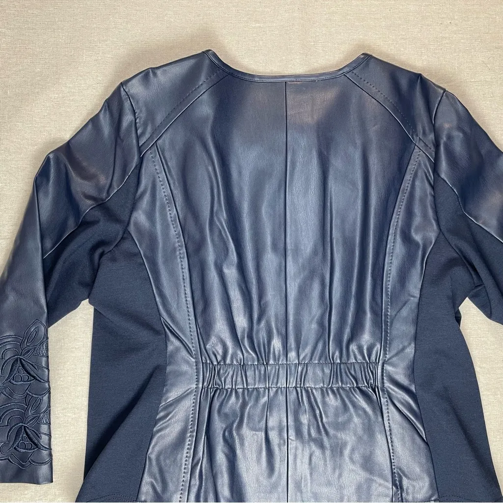 Christopher & Banks | Navy Zip-Up Faux Leather Floral Embroidered Jacket | PXL - Image 9