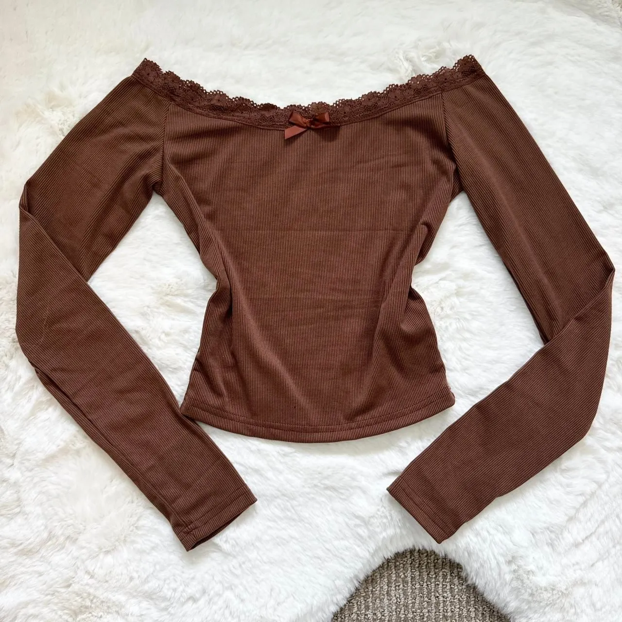 Dazy Lace Trim Off Shoulder Brown Longsleeve Tee Size XS - Image 2