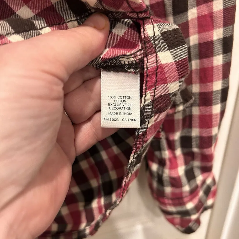 Vtg Old‎ Navy Plaid Shirt Womens Large Red  Brown Western Long Sleeve Pearl Snap - Image 9