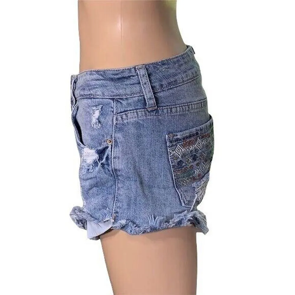 Rue21 Womens Denim Blue Jean Shorts Embroidered Cutoff Distressed Size 5 6 - Image 6