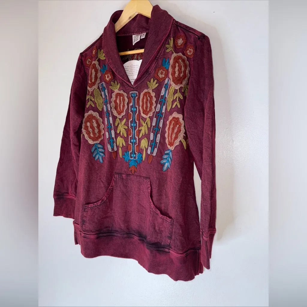 NWT Parsley & Sage Medium Shawl Collar Tunic Maroon Embroidery‎ Flowers Red - Image 4