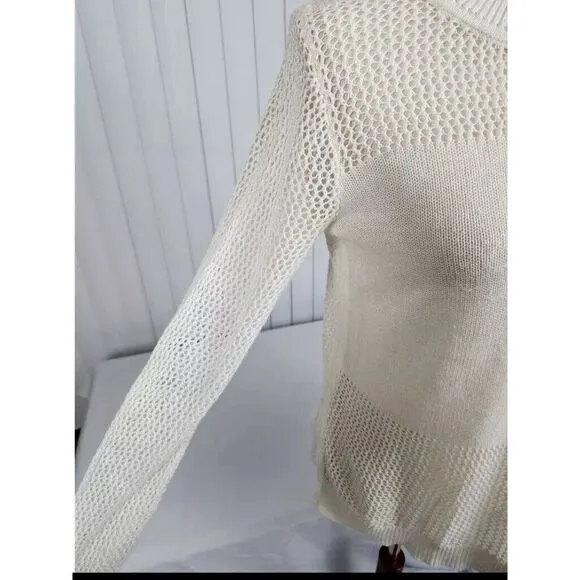 Banana Republic‎ Linen Blend Sweater Open Knit Long Sleeve White Women's Small - Image 7