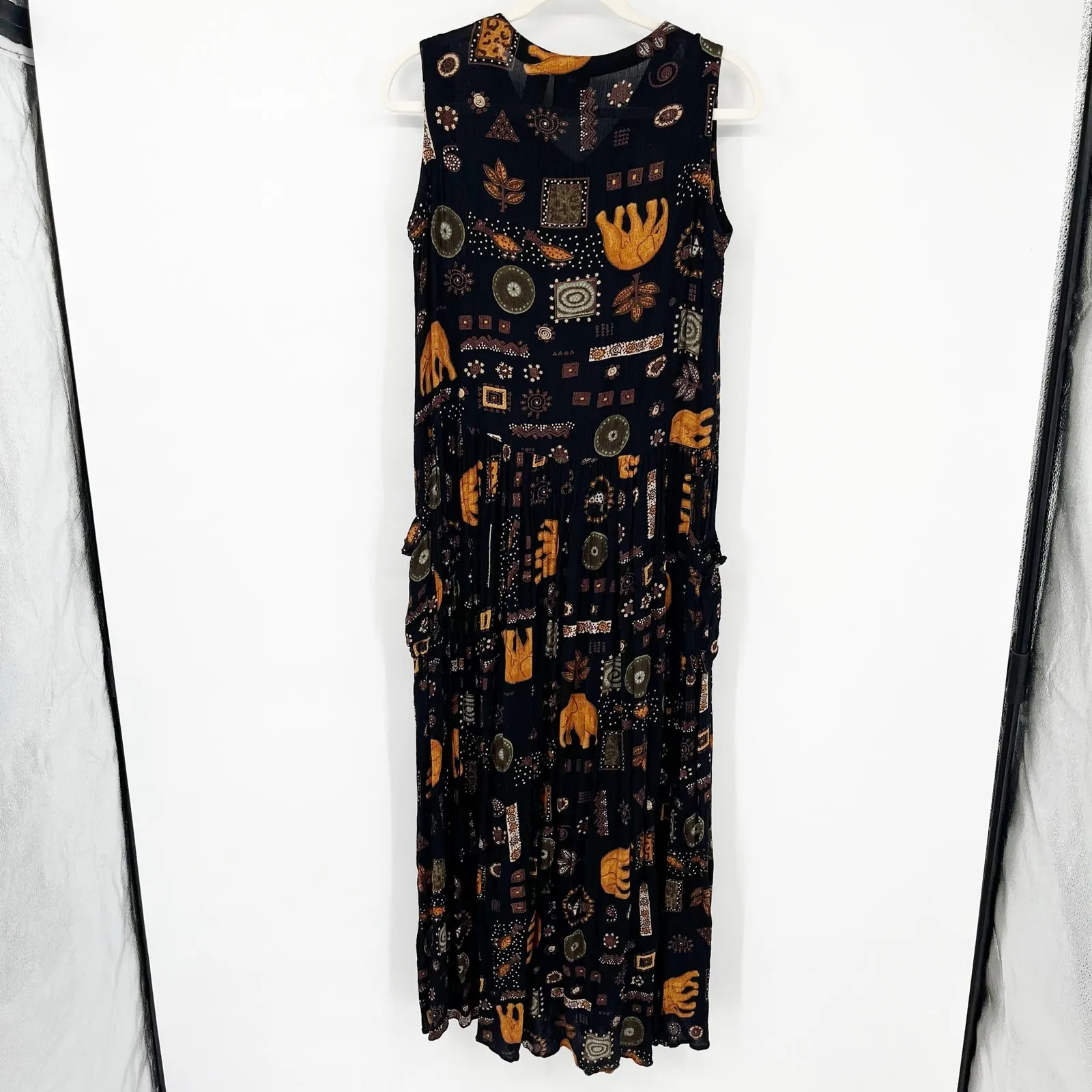 Bila Womens Vintage‎ Boho Hippie Ethnic Elephant Print Front Slit Dress Size S Black - Image 8