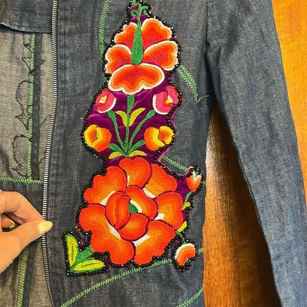 Martina Diseno Embroidered Denim Jacket Womens Blue Floral Mexican Style Size 8 - Image 5