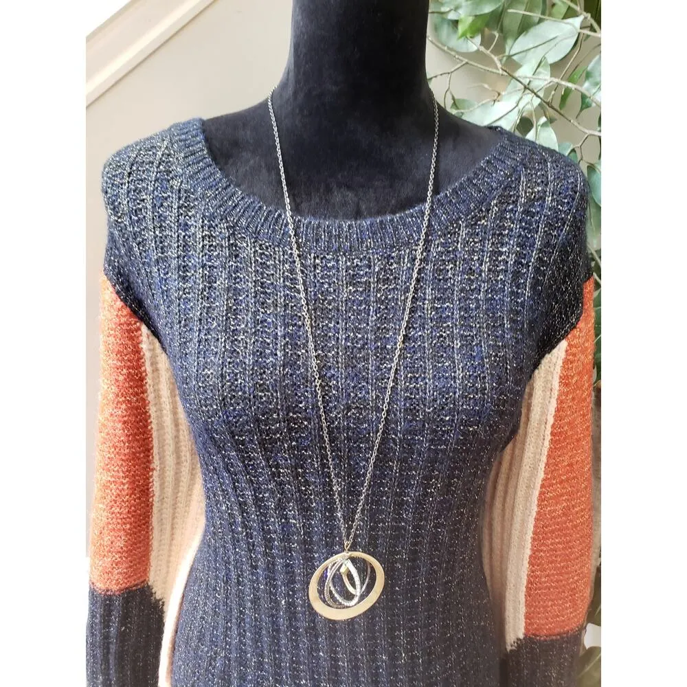 ADORA Sweater Women's SM Navy Orange Ribbed Acrylic Knit Long Sleeve Round Neck Blue - Image 5