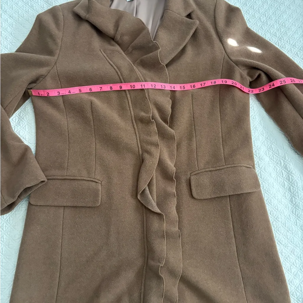 DKNY Brown Ruffle Wool Blend Trench Coat Women’s M - Image 13