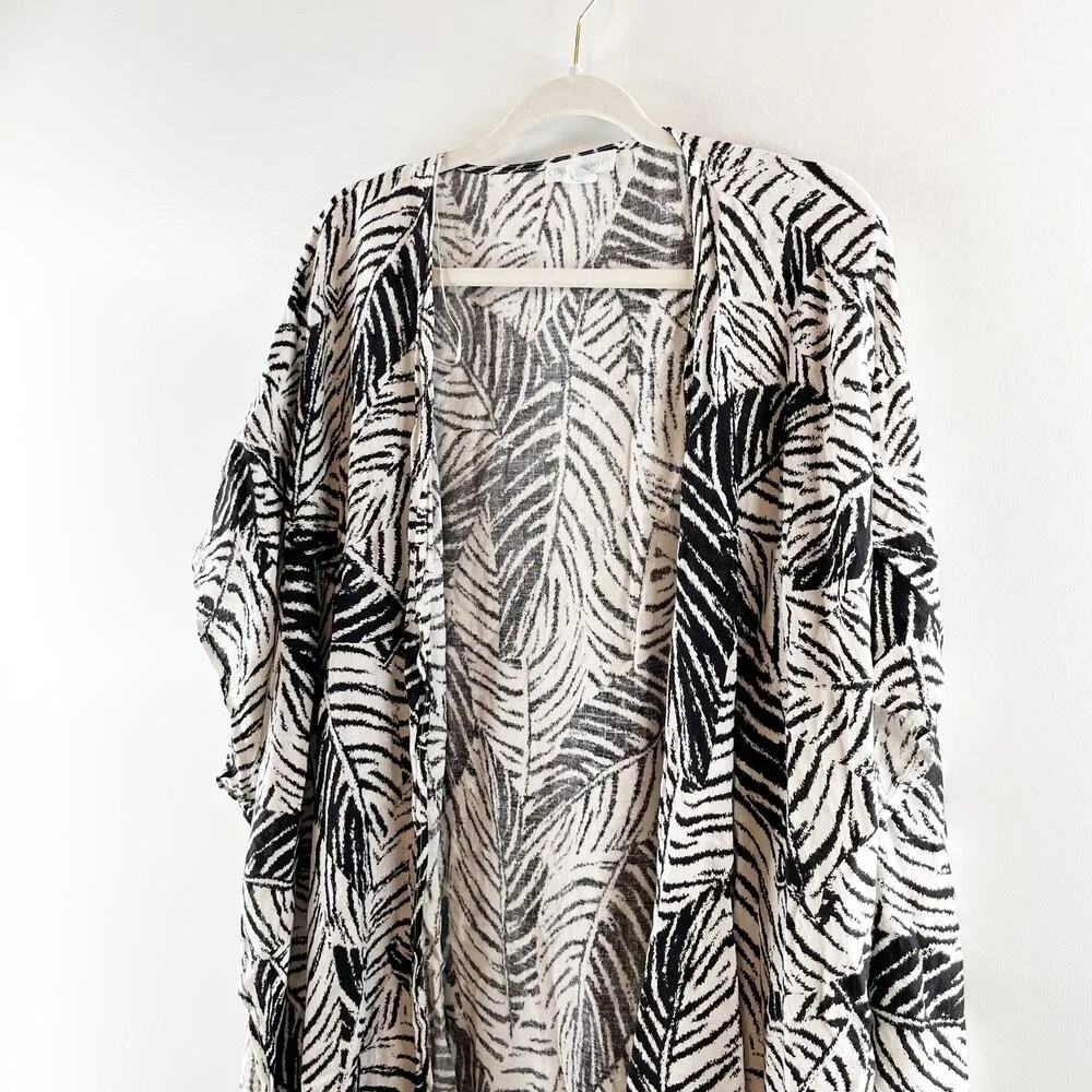 Cynthia Rowley Leaf Print Short Sleeve Midi Kimono Cover Up White Black One Size - Image 9