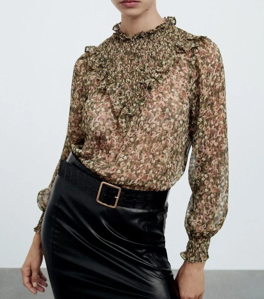 NWT ZARA METALLIC THREAD PRINTED BLOUSE Smocked  Ruffle - Image 3