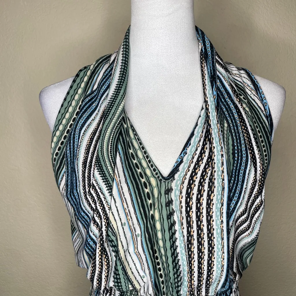 Women's Abstract Wavy Stripe Print Smocked Halter Sleeveless Maxi Dress Sz L Blue Size L - Image 2