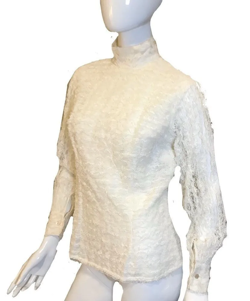 Vintage 1950s Lace Exaggerated Ruffle Tulle Blouse White Adelaar Size M - Image 1