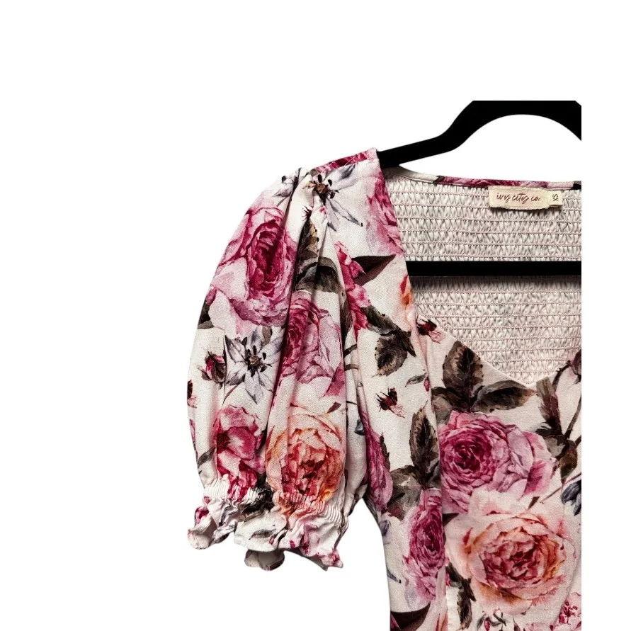Ivy City Co white pink floral rose print, puff sleeve square neck blouse Size XS - Image 2