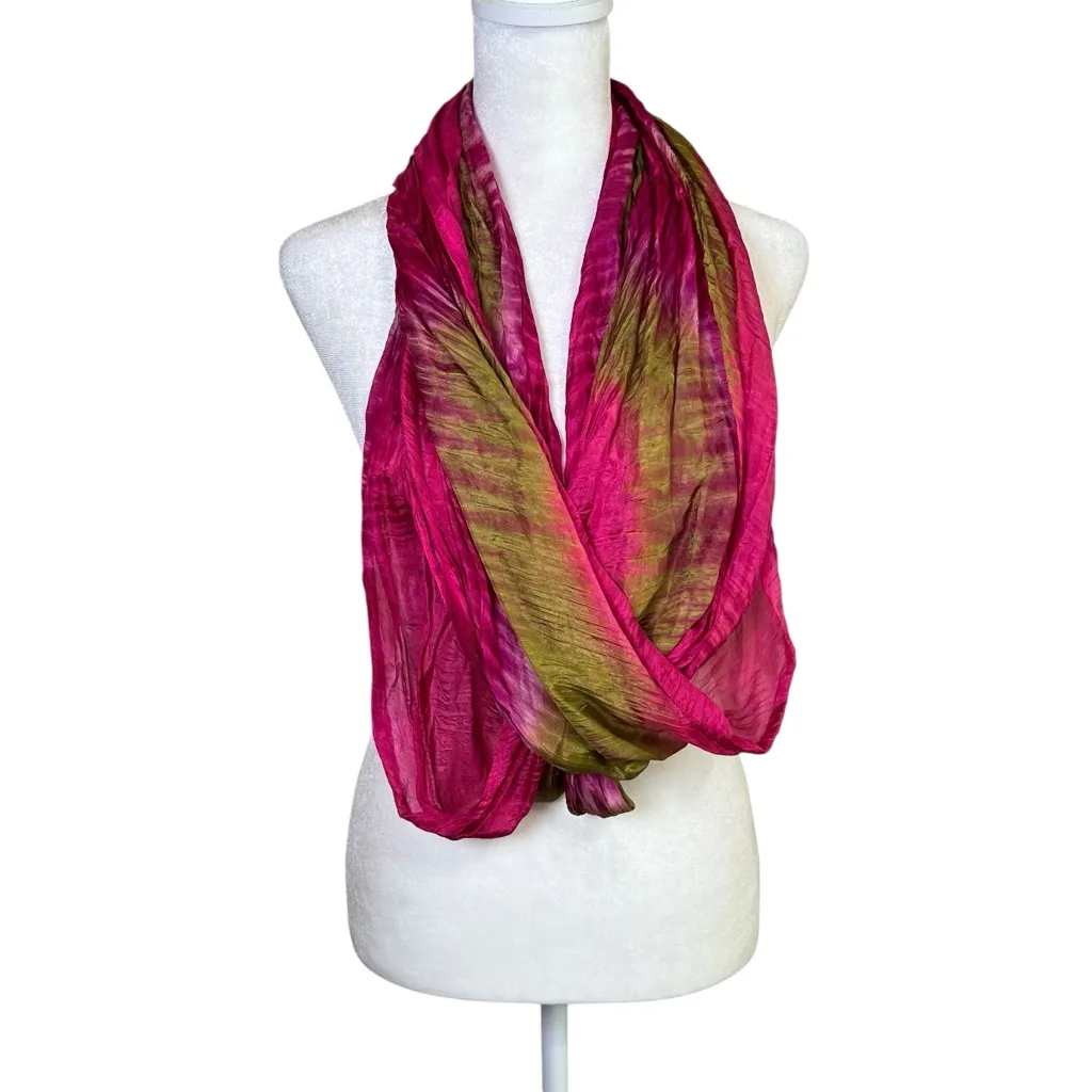 VTG Infinity Scarf Shawl Cowl Wrap Fuchsia Olive Green Silky Boho Colorful Chic - Image 3