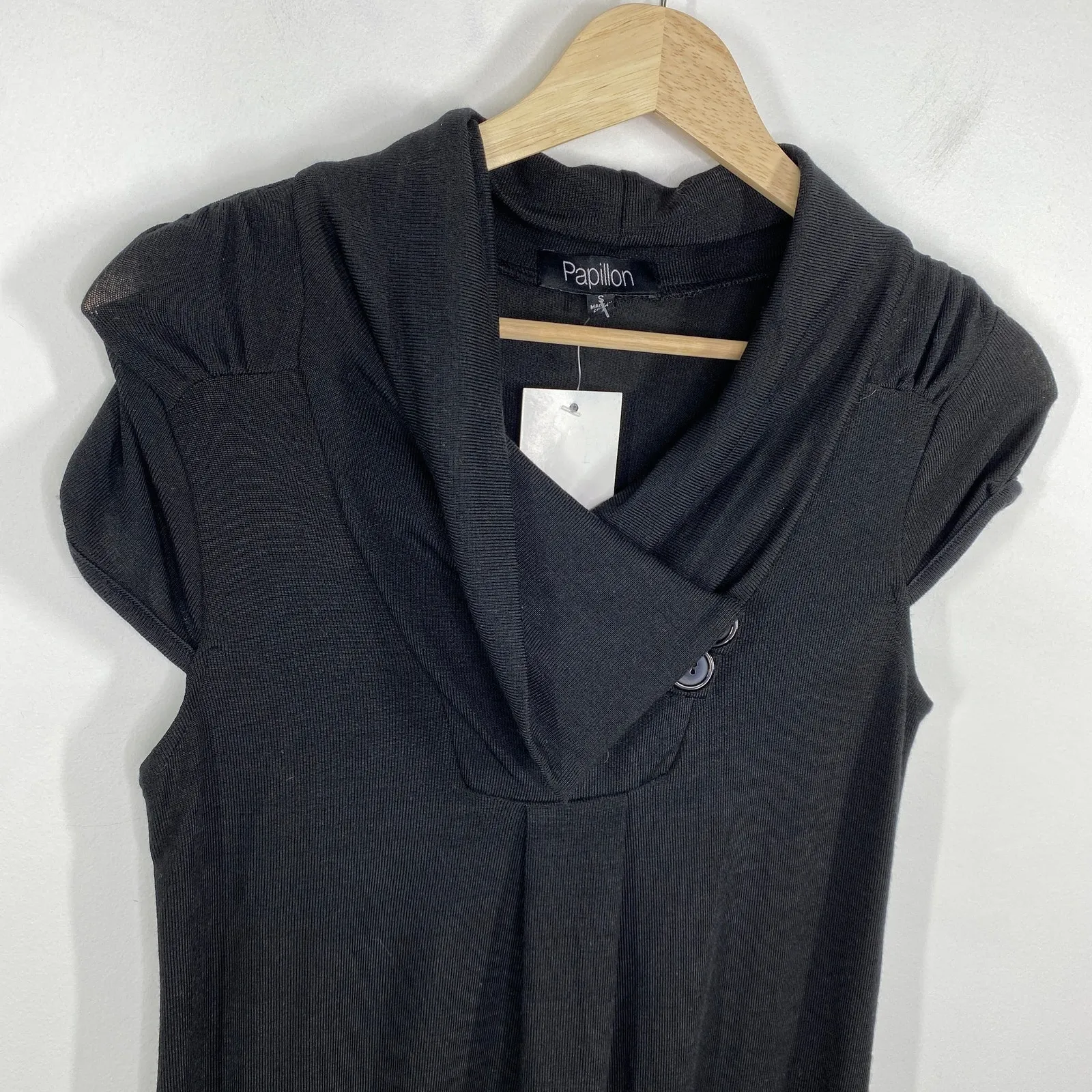 Papillon Black Short Cap Sleeve Button Detail Tunic Top Women's Size Small NWT - Image 5