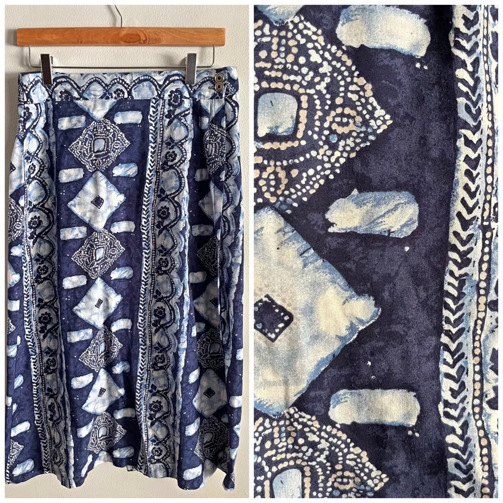 Vintage BonWorth Navy Blue Batik Print Midi Skirt Button Wrap Elastic Waist M Size M - Image 2