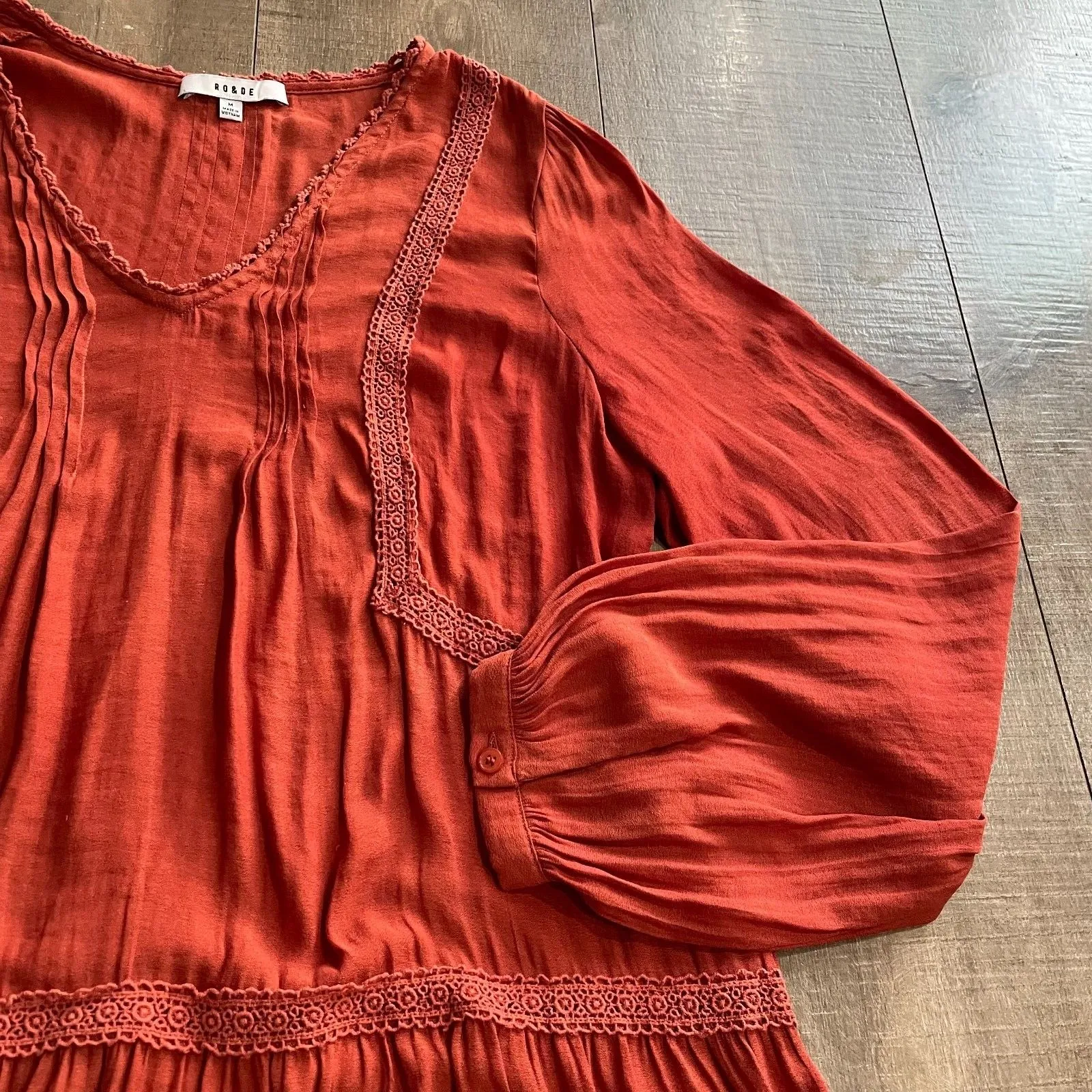 Anthropologie Ro & De Top Blouse Women M Red Boho Peasant Lace Pleat Cottagecore - Image 7